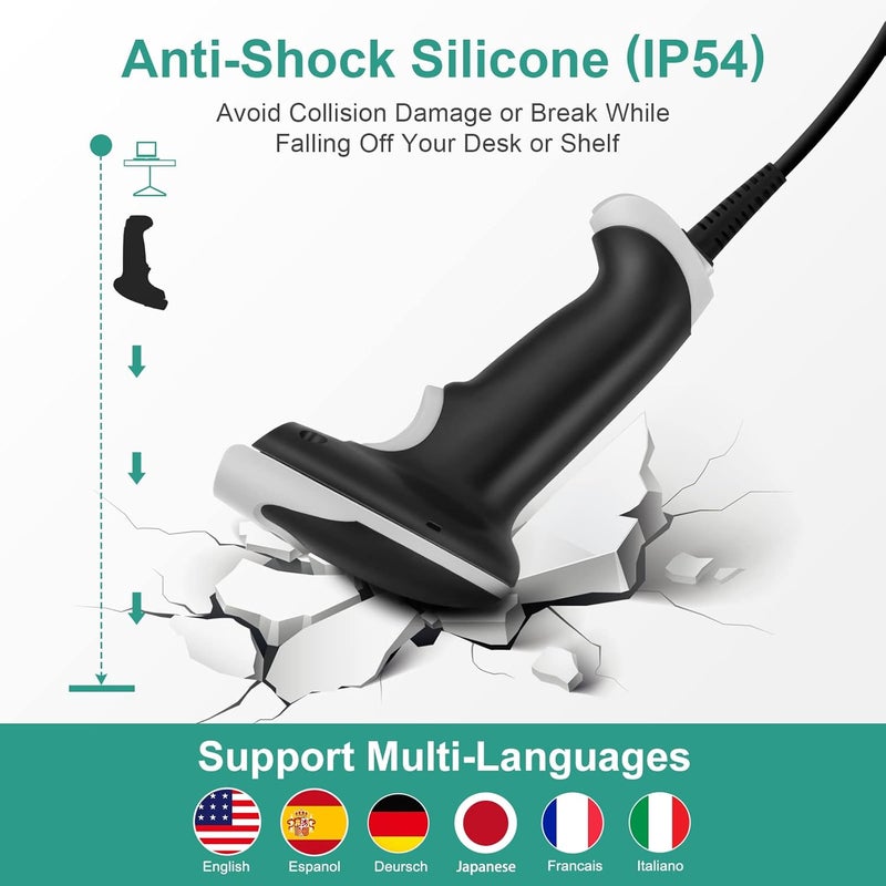 JRHC Barcode Scanner, Handheld USB QR Code Scanner Wired Connection Barcode Reader 1D 2D&PDF417 Data Matrix Automatic Plug&Play Bar Code Scanners for Desktop Store Supermarket Warehouse Library Book - Image 4